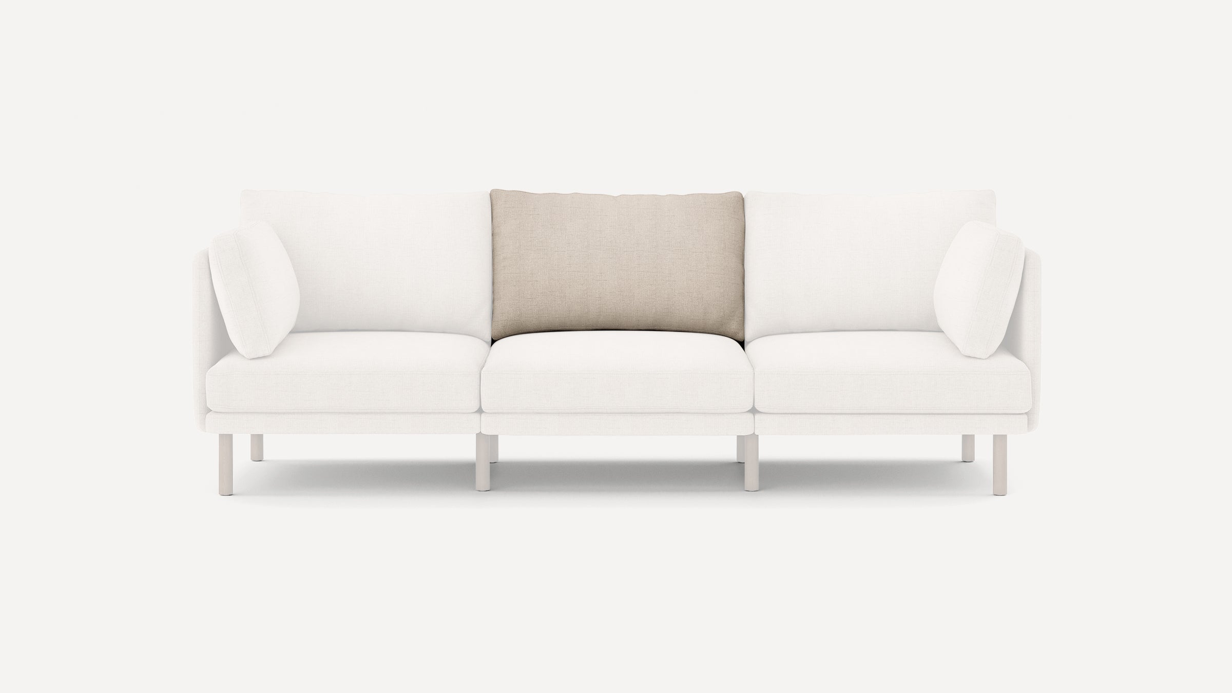 Modern three-seater sofa with white upholstery and a central beige back cushion, supported by light wooden legs.