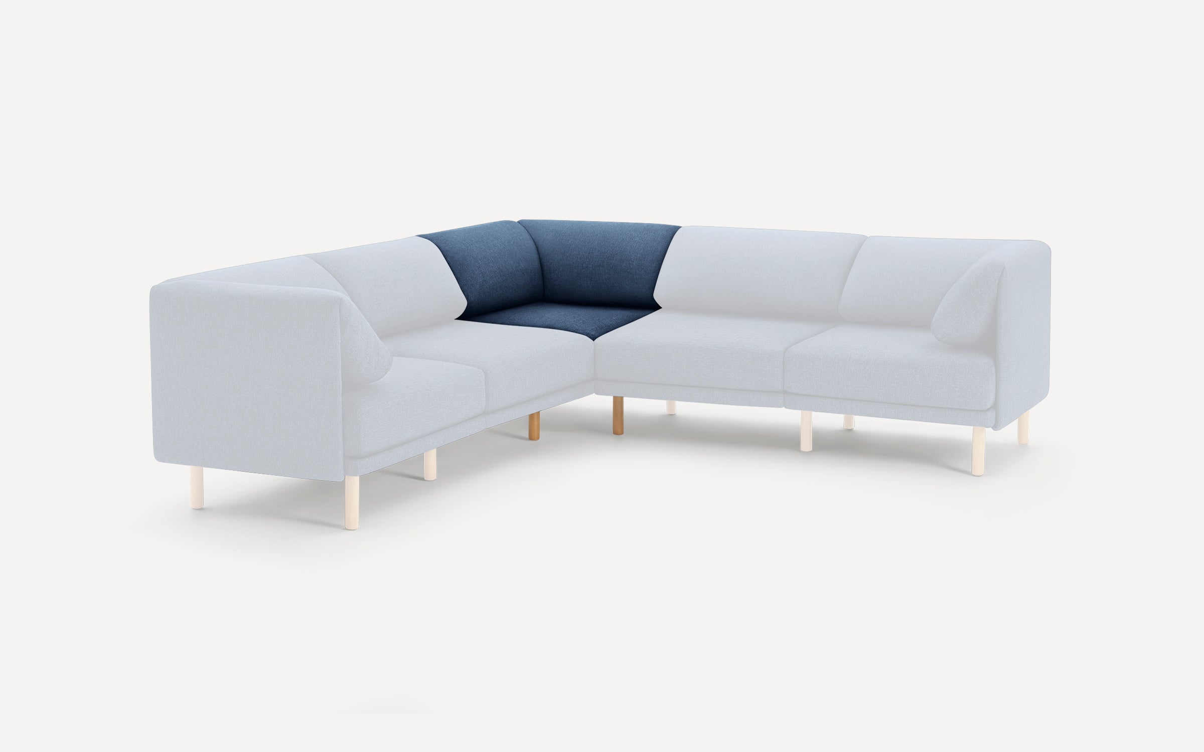 L-shaped sectional sofa with light gray upholstery, wooden legs, and contrasting dark blue corner cushion and backrest.