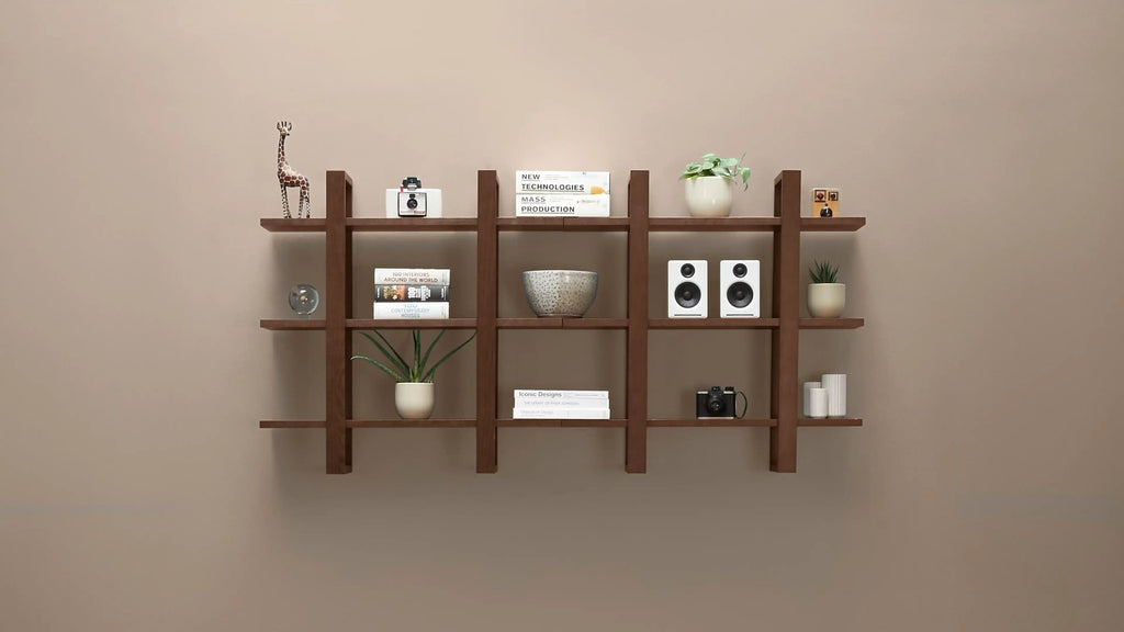 Wall-mounted wooden shelf with vertical slats, holding books, plants, speakers, cameras, decorative bowls, and small ornaments.