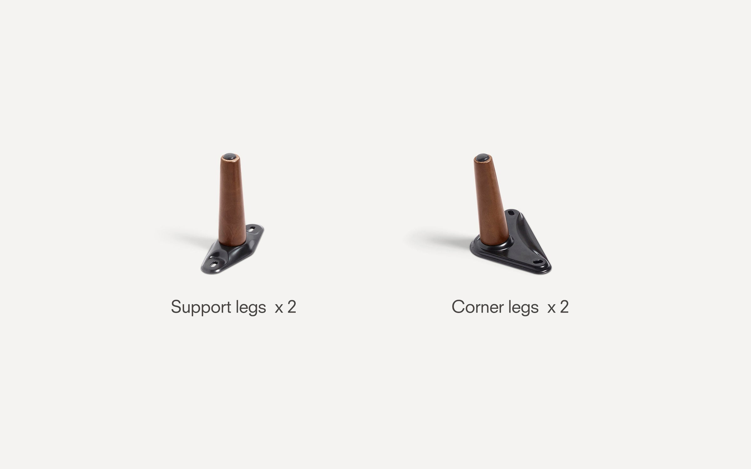 Two types of wooden furniture legs with black metal bases: two support legs and two corner legs, shown on a white background.