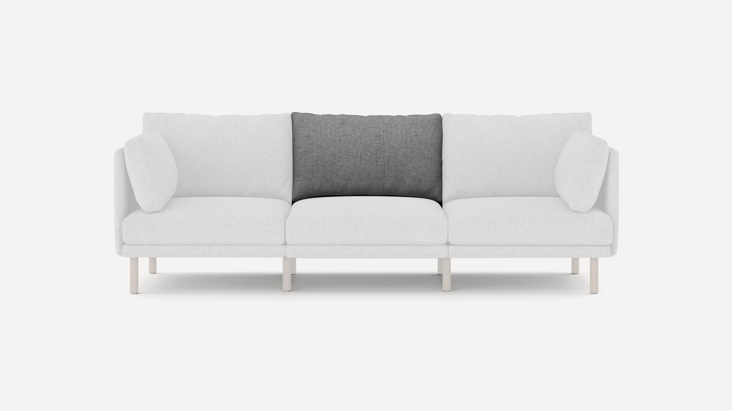 Modern three-seater sofa with light gray fabric upholstery and a contrasting dark gray middle back cushion, supported by light wooden legs.