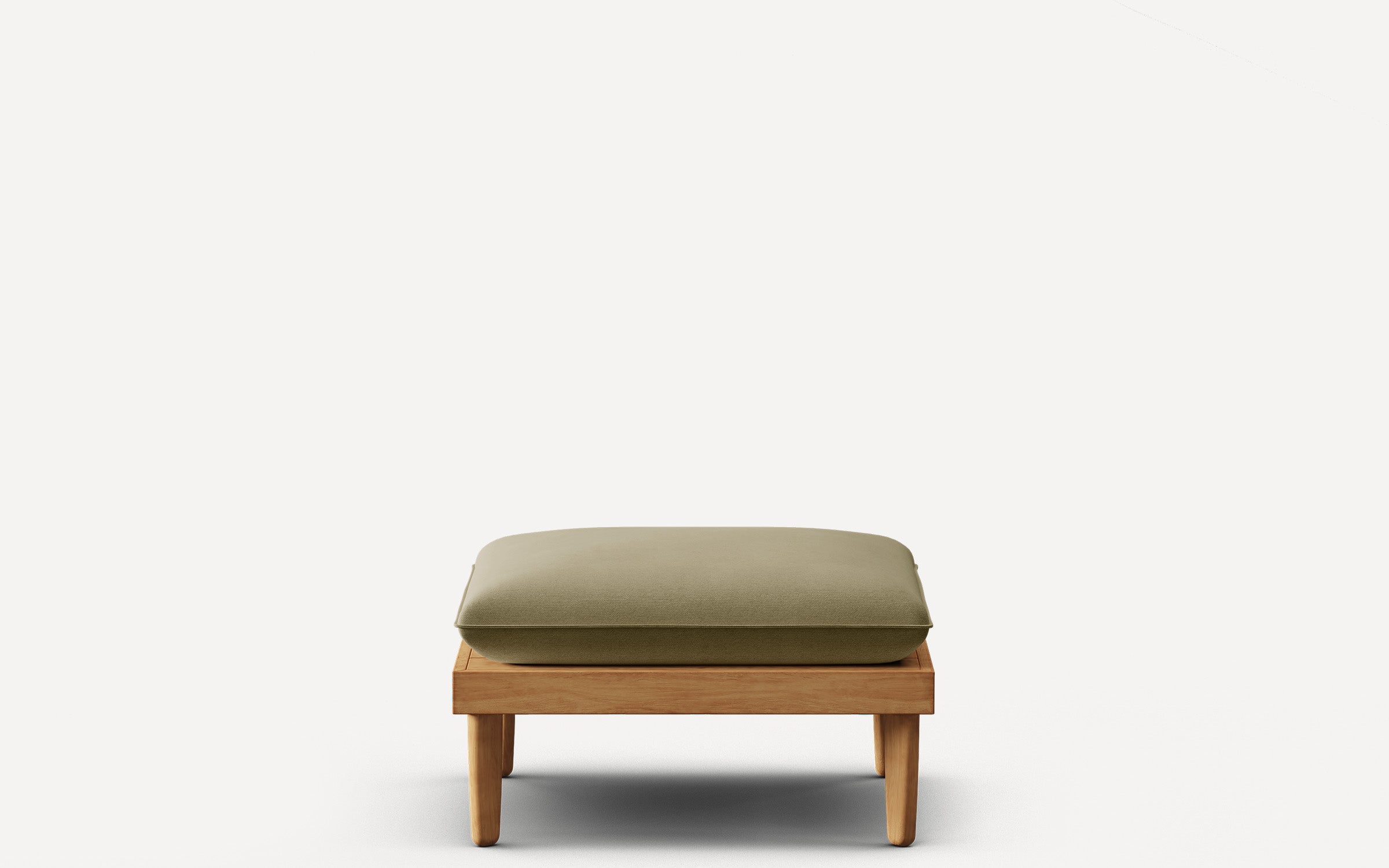 Wooden square ottoman with a thick, olive-green cushioned top, standing on four sturdy legs against a white background.