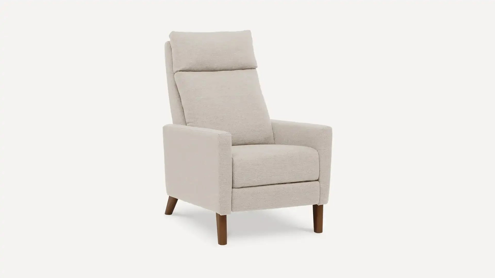 Beige upholstered high-back modern armchair with cushioned seat and wooden legs, angled slightly to the right.