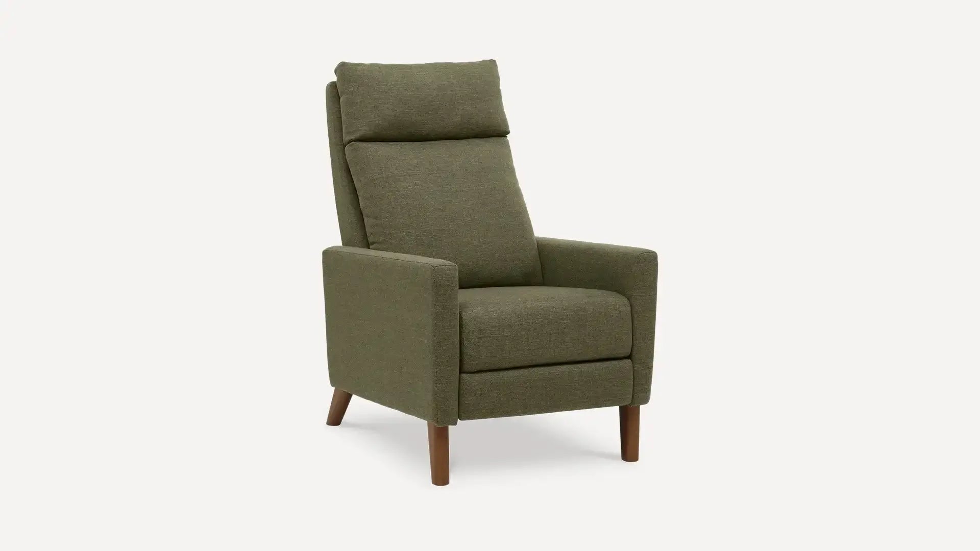 Mid-century modern style green upholstered armchair with wooden tapered legs and cushioned backrest and seat.