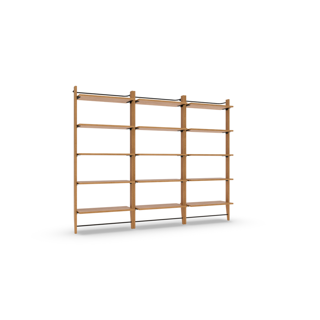 Large wooden shelving unit with six shelves divided into three vertical sections, minimalist design, natural light wood finish.