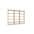 Large wooden shelving unit with six shelves divided into three vertical sections, minimalist design, natural light wood finish.
