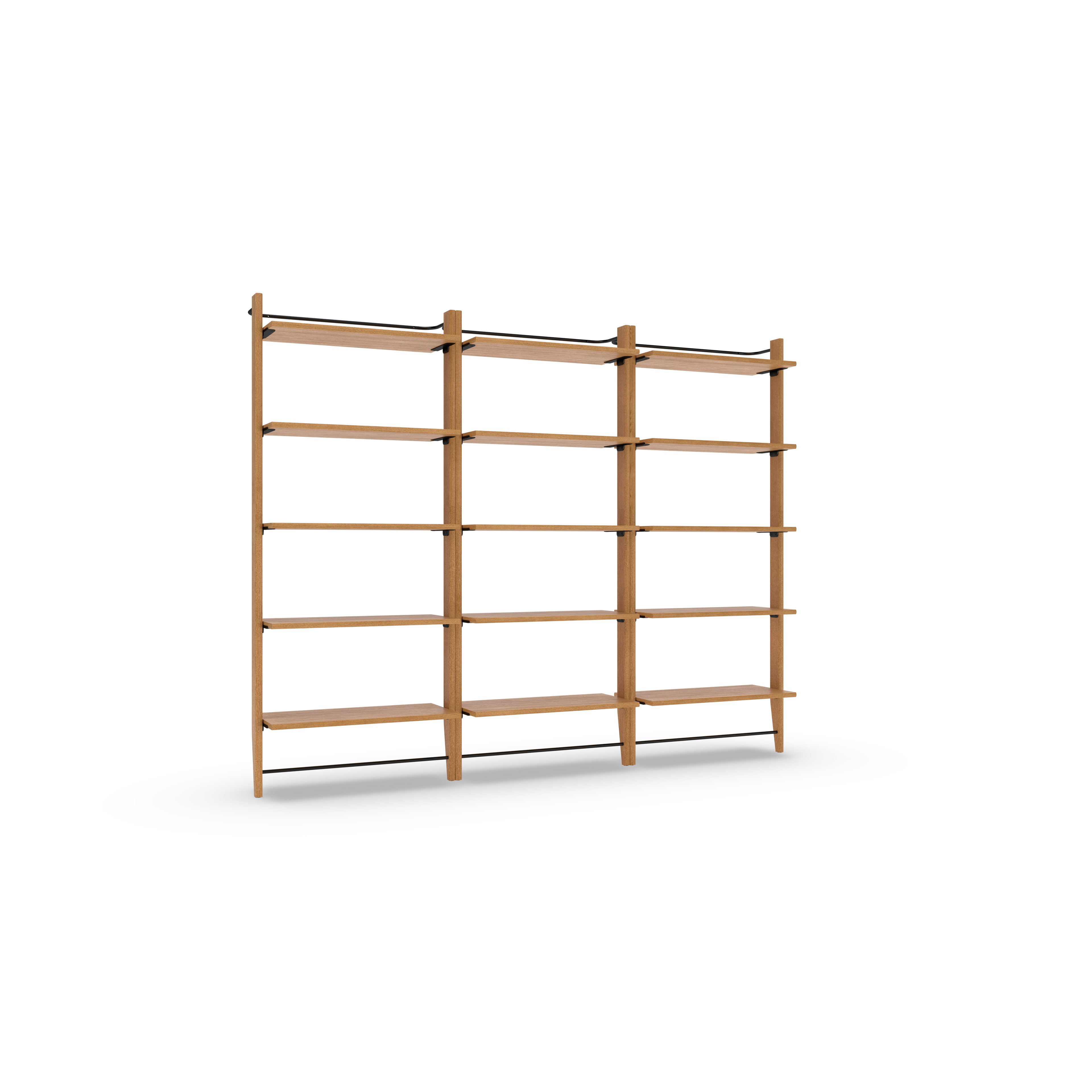Large wooden shelving unit with six shelves divided into three vertical sections, minimalist design, natural light wood finish.