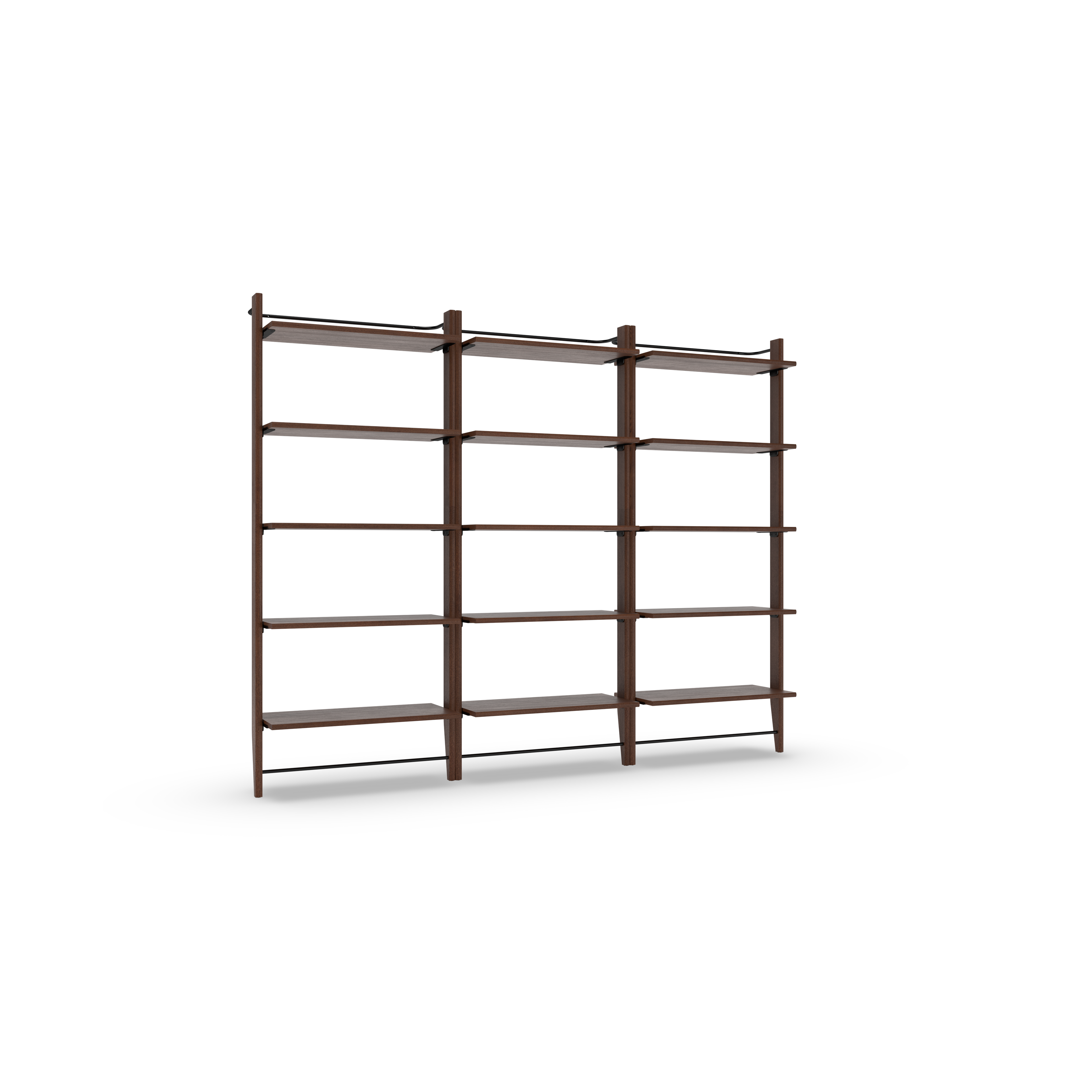 Dark brown wooden shelving unit with three vertical supports and four horizontal shelves per section, totaling twelve shelves, minimalist design.