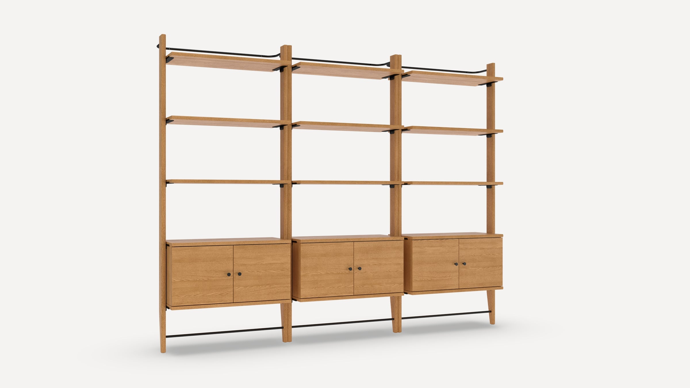 Modern wooden shelving unit with three sections, each featuring two open shelves above and a closed cabinet below.