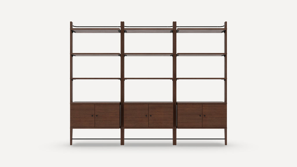 Three-section modern wooden shelving unit with dark finish, featuring open shelves and lower cabinets with doors.
