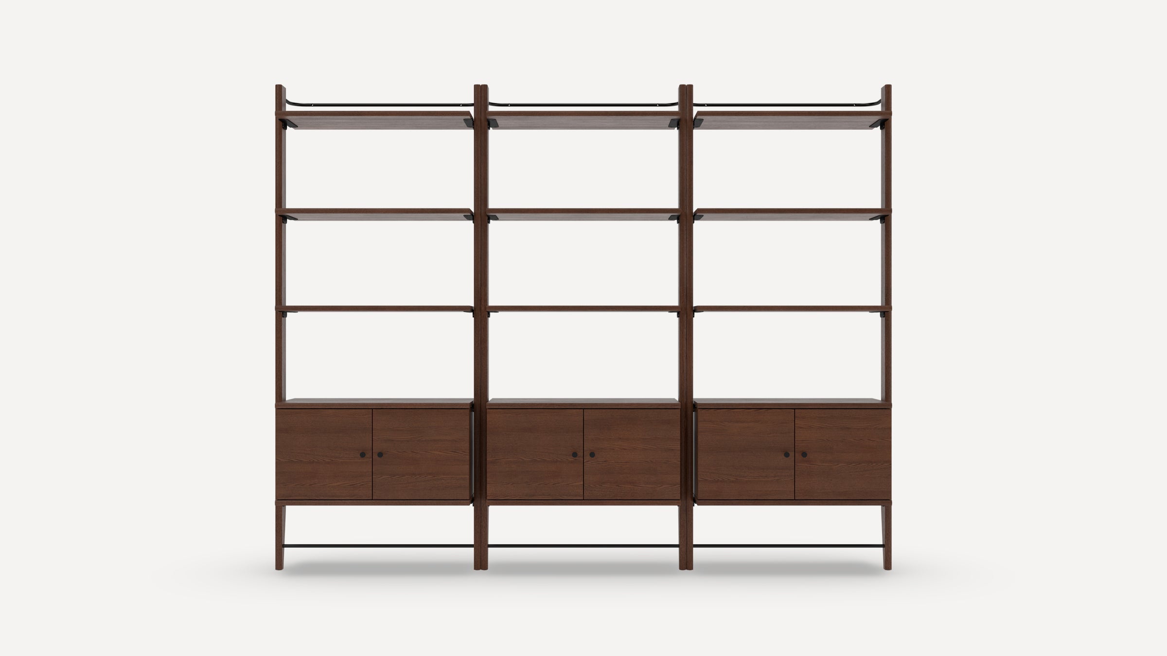 Three-section modern wooden shelving unit with dark finish, featuring open shelves and lower cabinets with doors.
