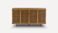 Mid-century modern wooden sideboard with four louvered doors, vertical handles, and round legs, finished in warm brown.