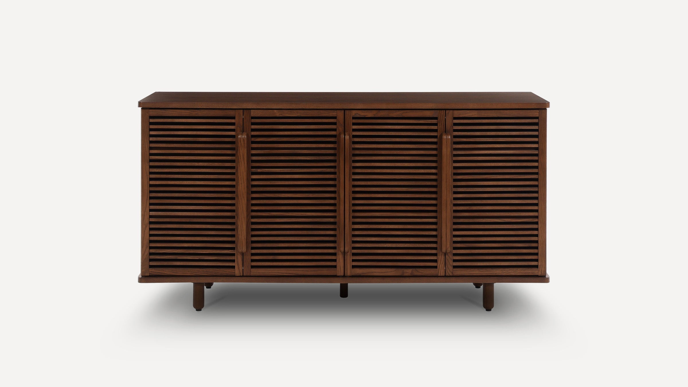 Modern wooden sideboard with slatted front design, four doors, and tapered legs in a dark brown finish.