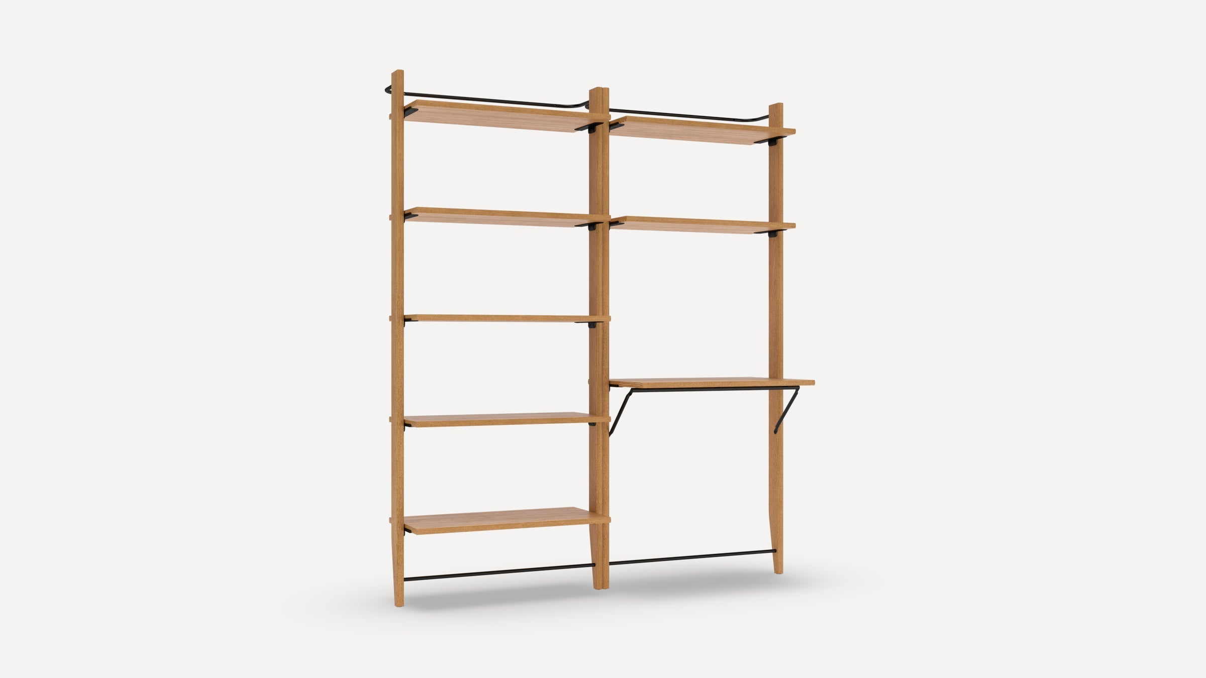 Wooden wall-mounted shelving unit with multiple open shelves and a built-in desk supported by metal brackets.