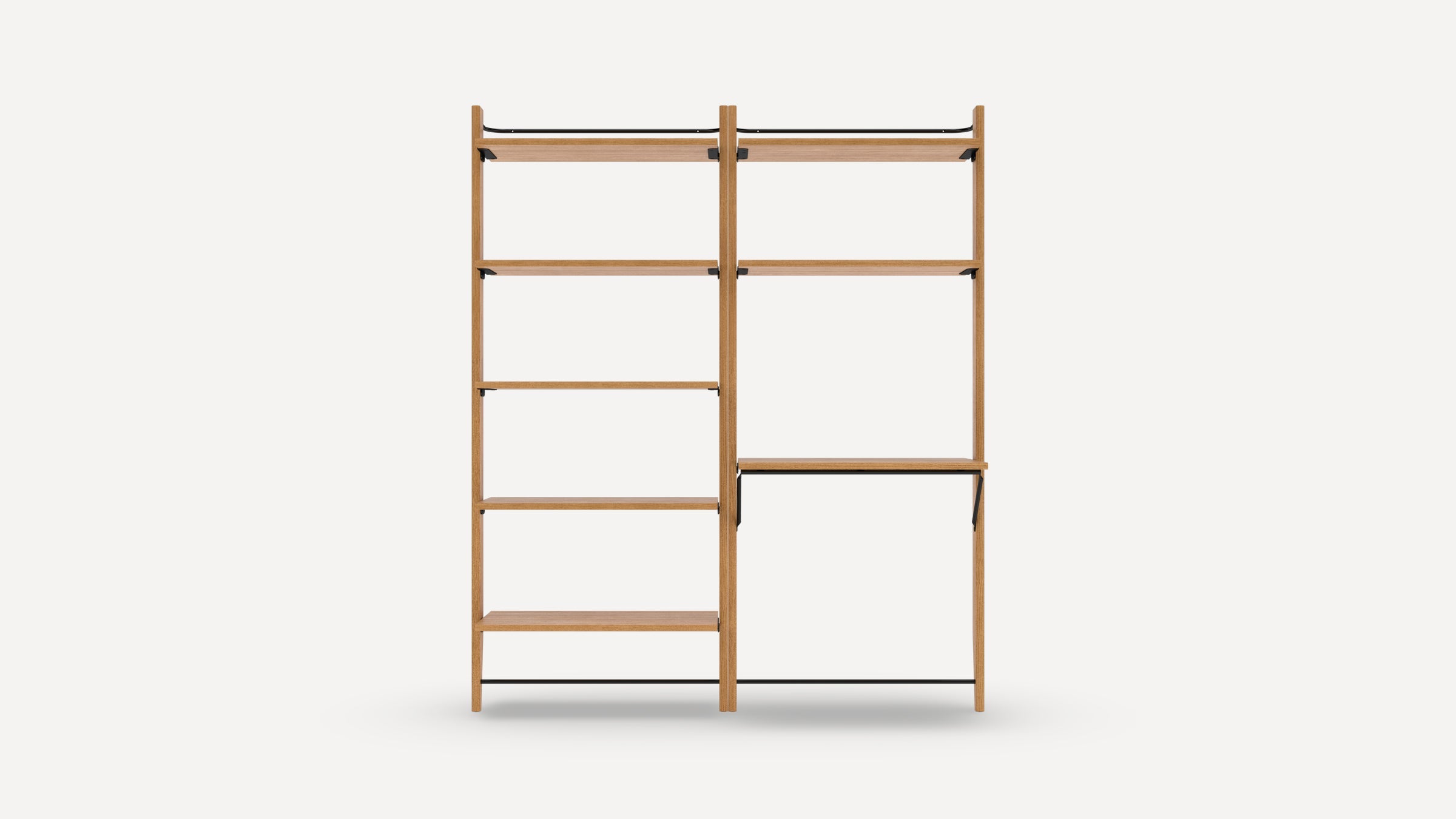 Minimalist wooden shelving unit with multiple shelves and an integrated desk area, featuring black metal supports.