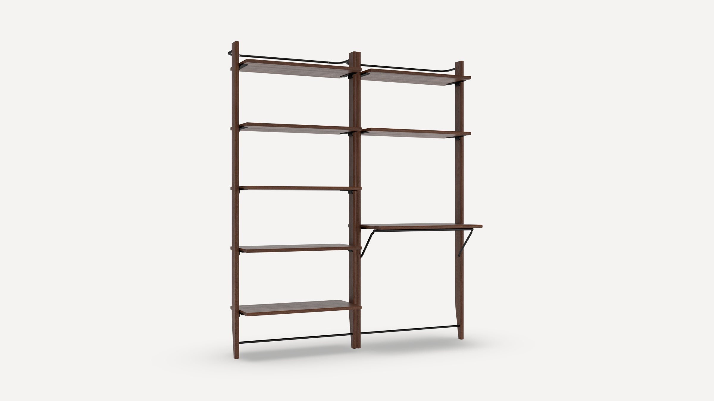 Wall-mounted modular shelving unit with dark wood finish, multiple open shelves, and an integrated desk section.