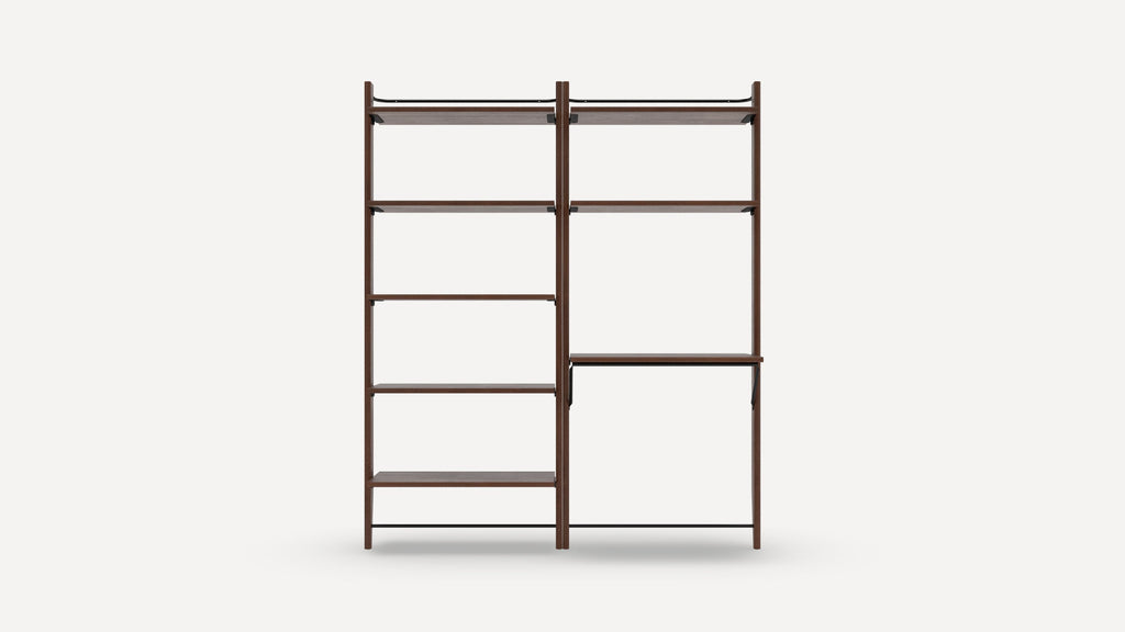 Modern dark wood shelving unit with five shelves on left, two shelves and open space on right, minimalist design.