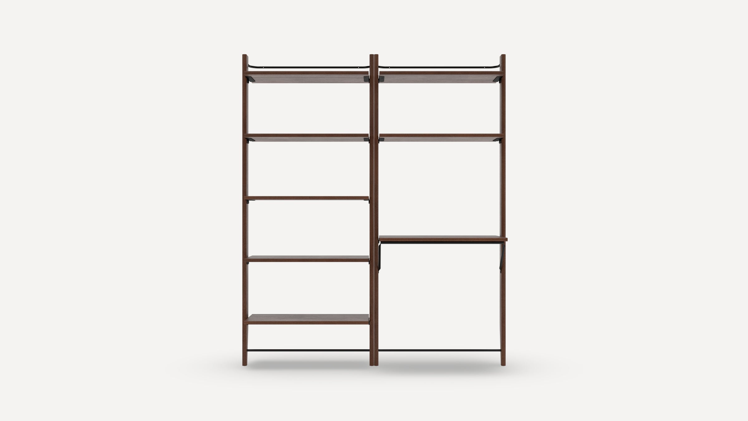 Modern dark wood shelving unit with five shelves on left, two shelves and open space on right, minimalist design.