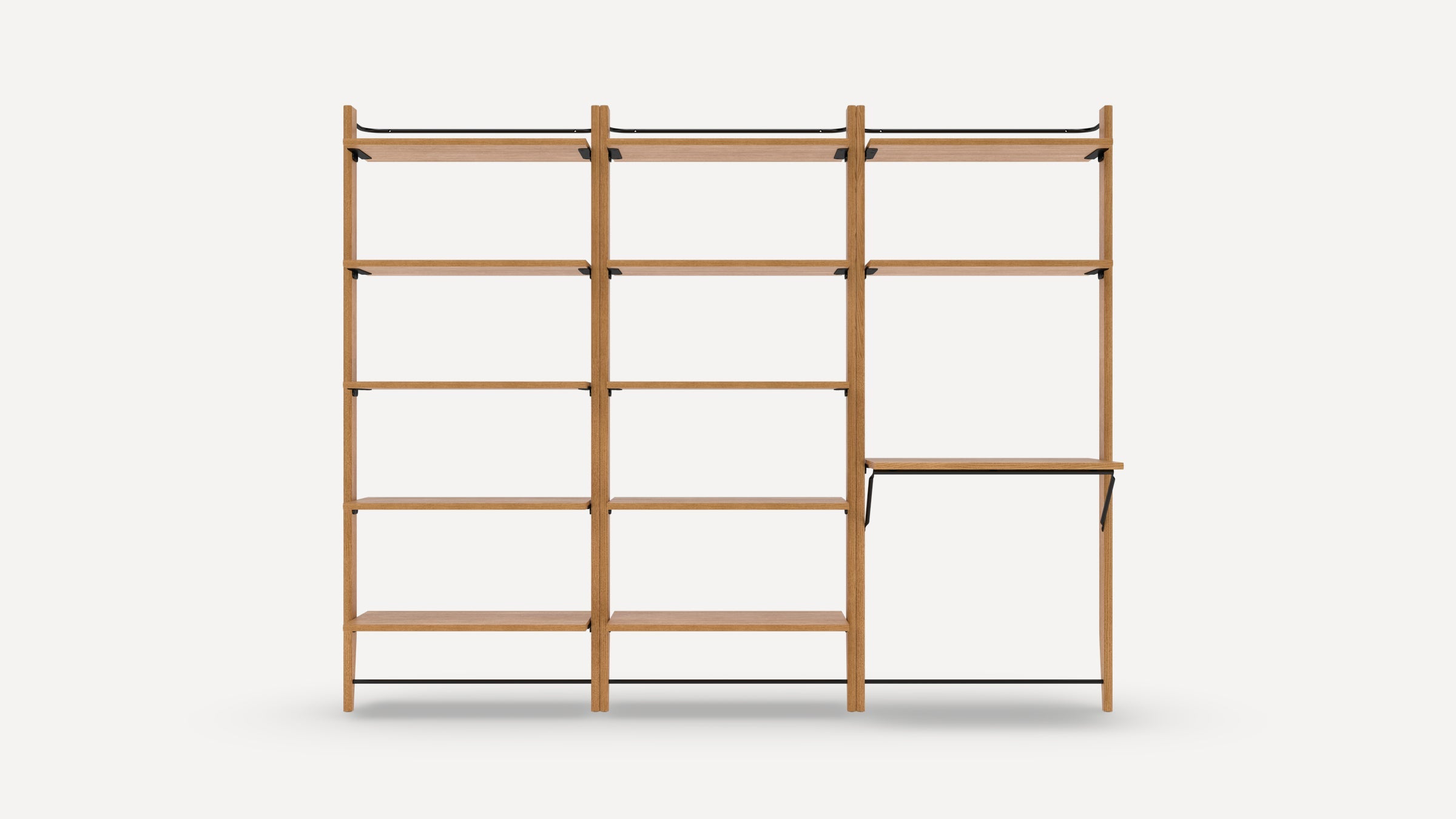 Wooden modular shelving unit with multiple open shelves and a built-in desk, featuring black metal supports.