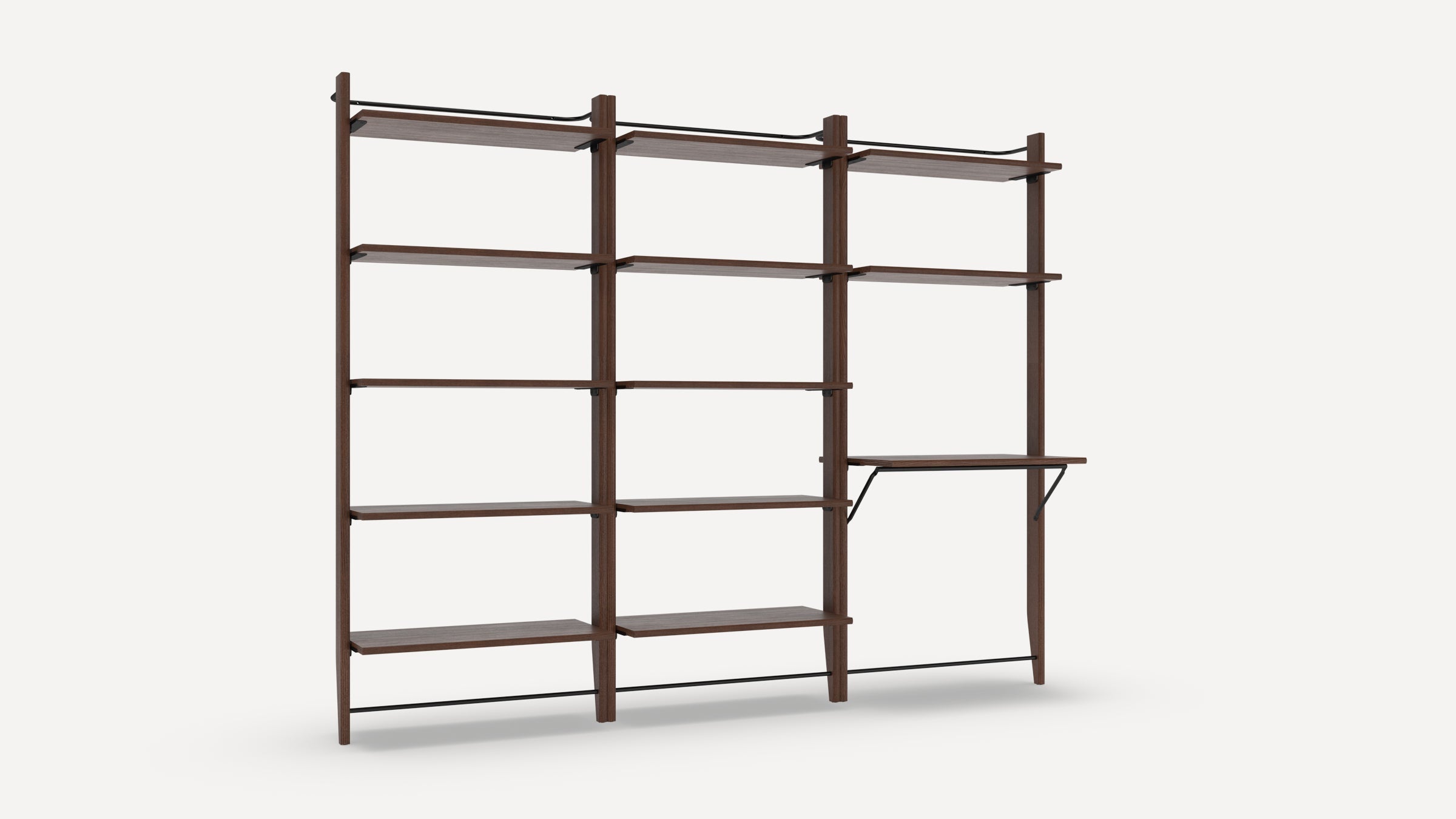 Wall-mounted dark wood shelving unit with multiple open shelves and an integrated fold-down desk surface.