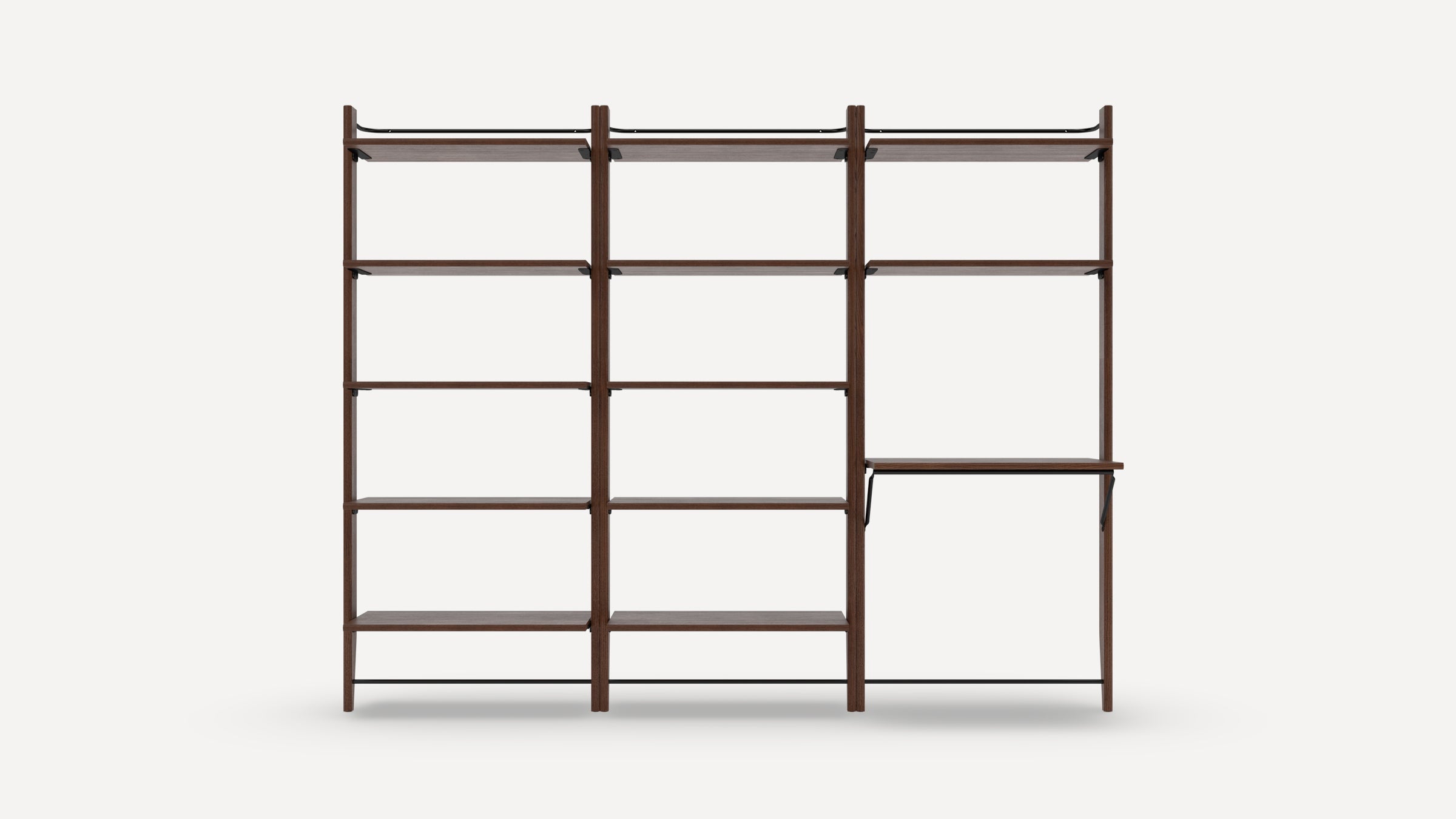 Modern wooden shelving unit with multiple open shelves and a small desk section, featuring dark wood and a minimalist design.