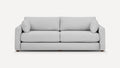 Modern light gray fabric sofa with two large seat cushions, back cushions, and rounded armrests, shown against a plain white background.