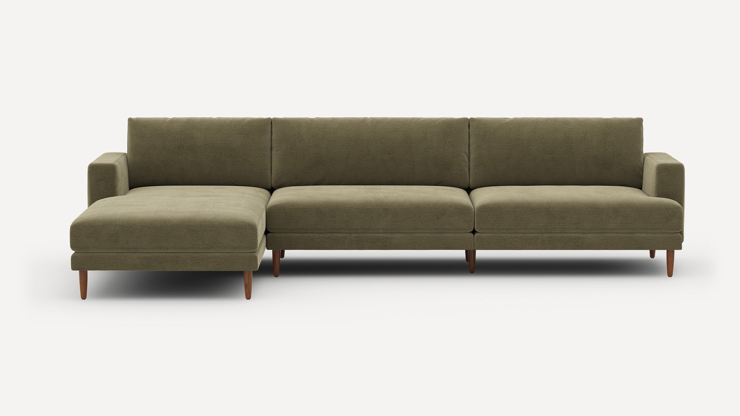 Modern olive green sectional sofa with a left chaise, wooden tapered legs, and clean, minimalist design.