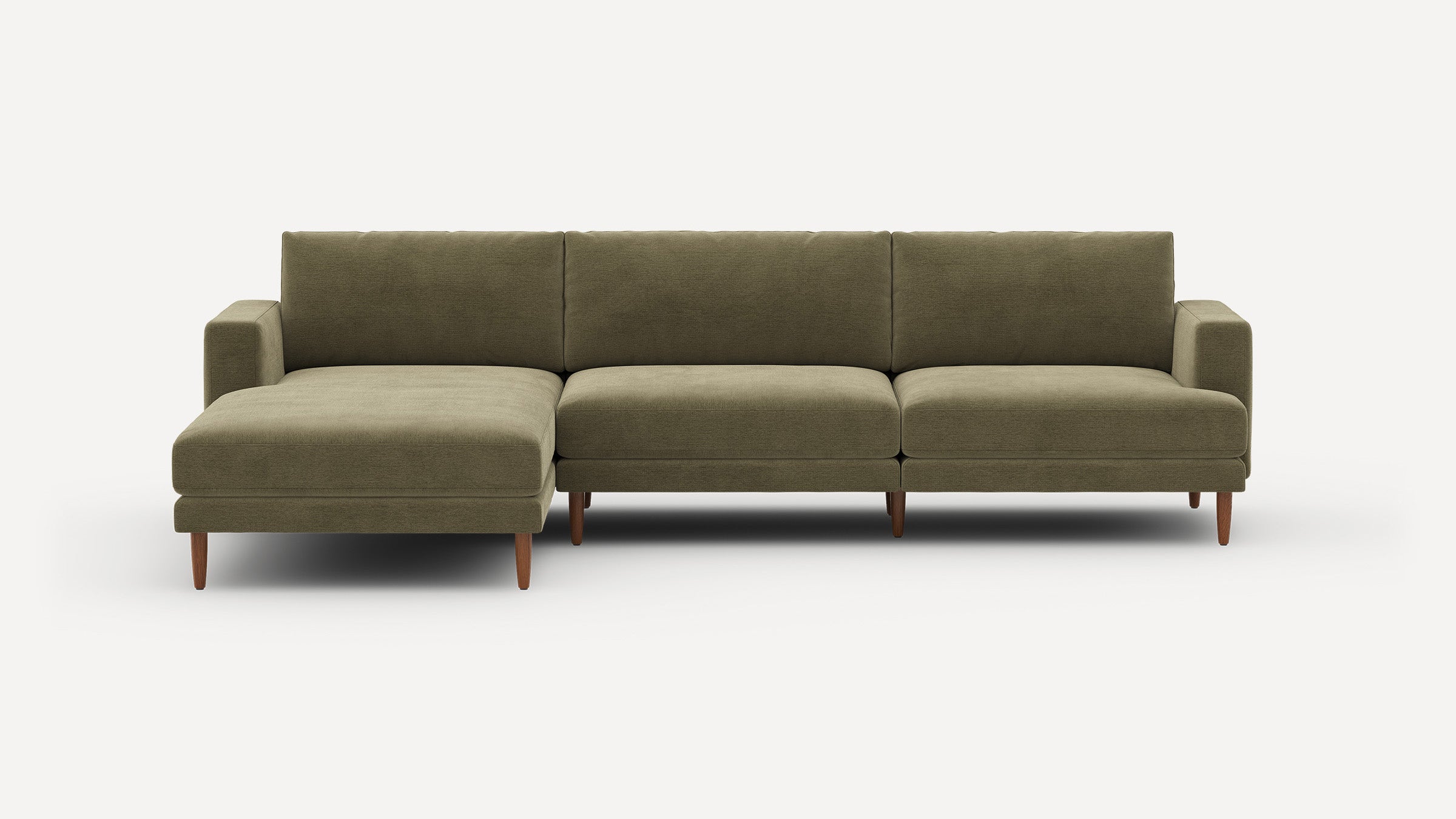 Modern olive green sectional sofa with left chaise, wooden legs, and clean, minimalist design against plain background.