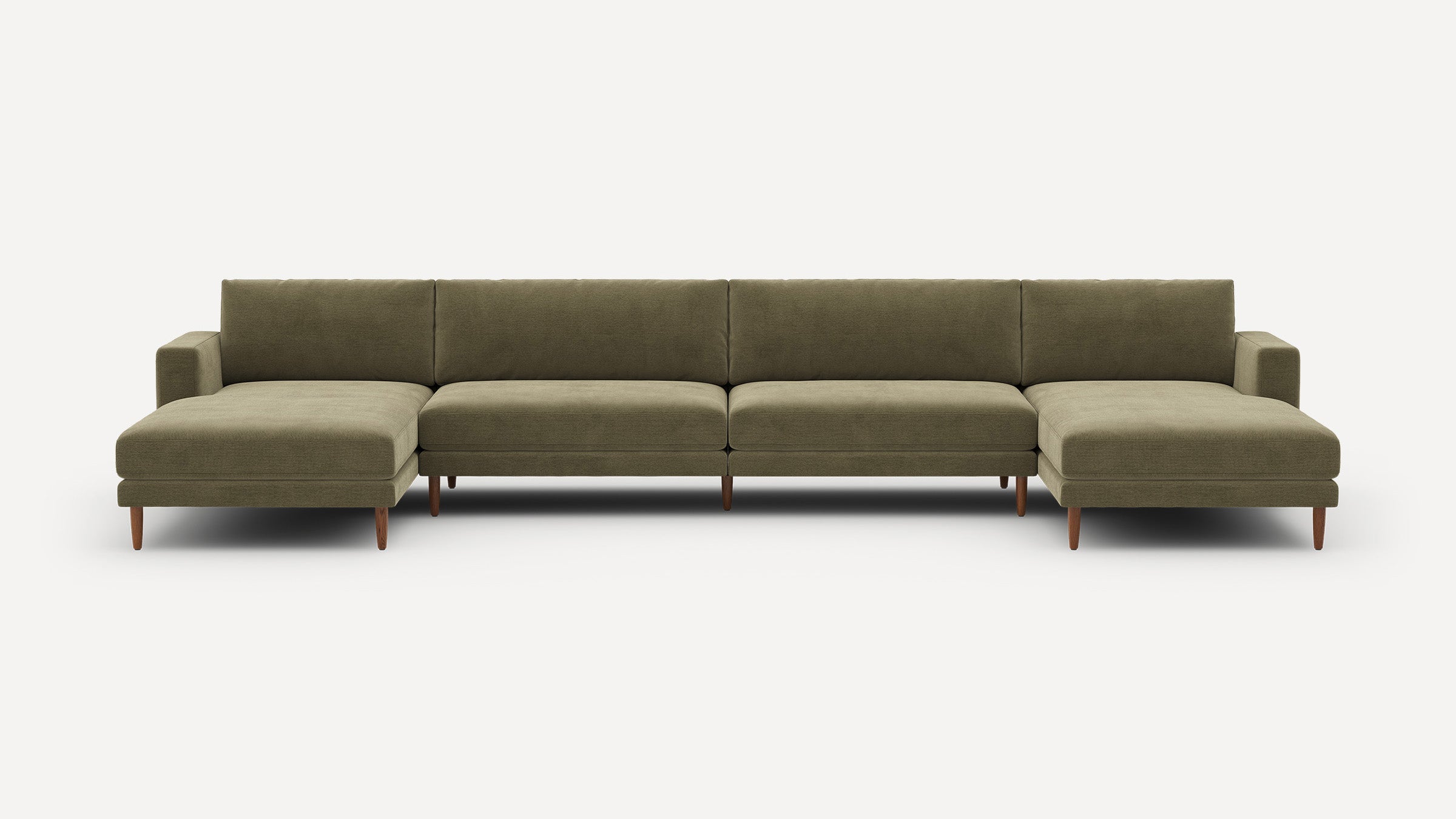 Modern olive green sectional sofa with two chaise lounges, wooden legs, and clean, minimalist design on white background.