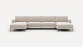 Modern beige fabric sectional sofa with clean lines, wooden legs, and two chaise ends against a white background.