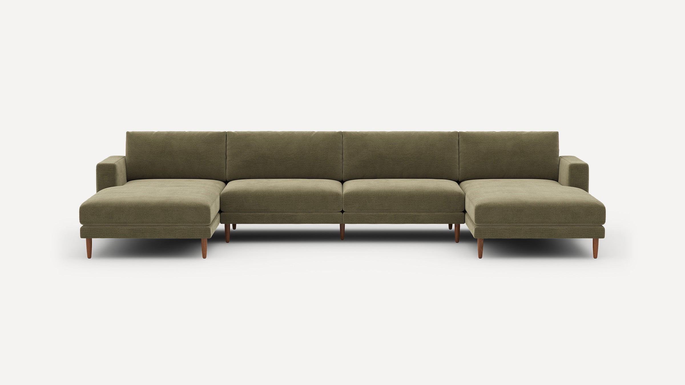 Modern olive green sectional sofa with chaise lounges on both ends, wooden legs, and clean, minimalist design.