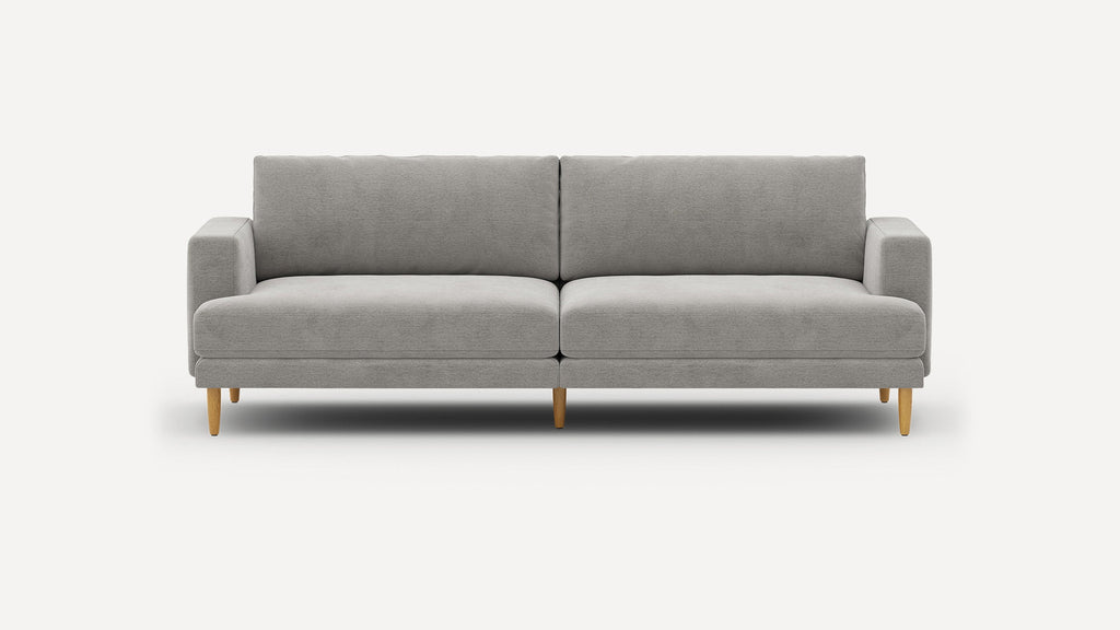 Modern light gray fabric sofa with clean lines, wooden tapered legs, and cushioned backrest and seat for comfortable seating.