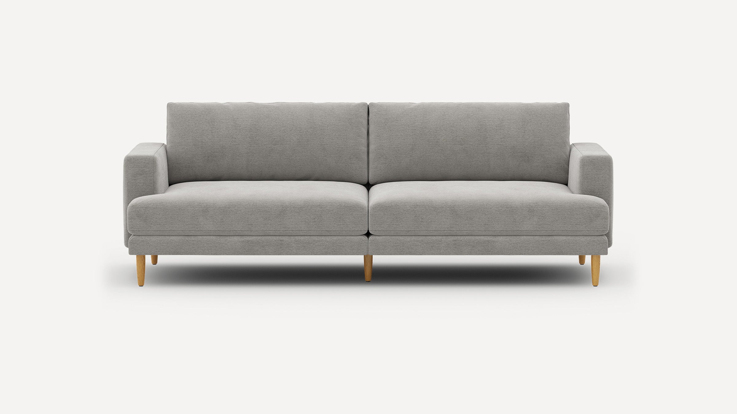 Modern light gray fabric sofa with clean lines, wooden tapered legs, and cushioned backrest and seat for comfortable seating.