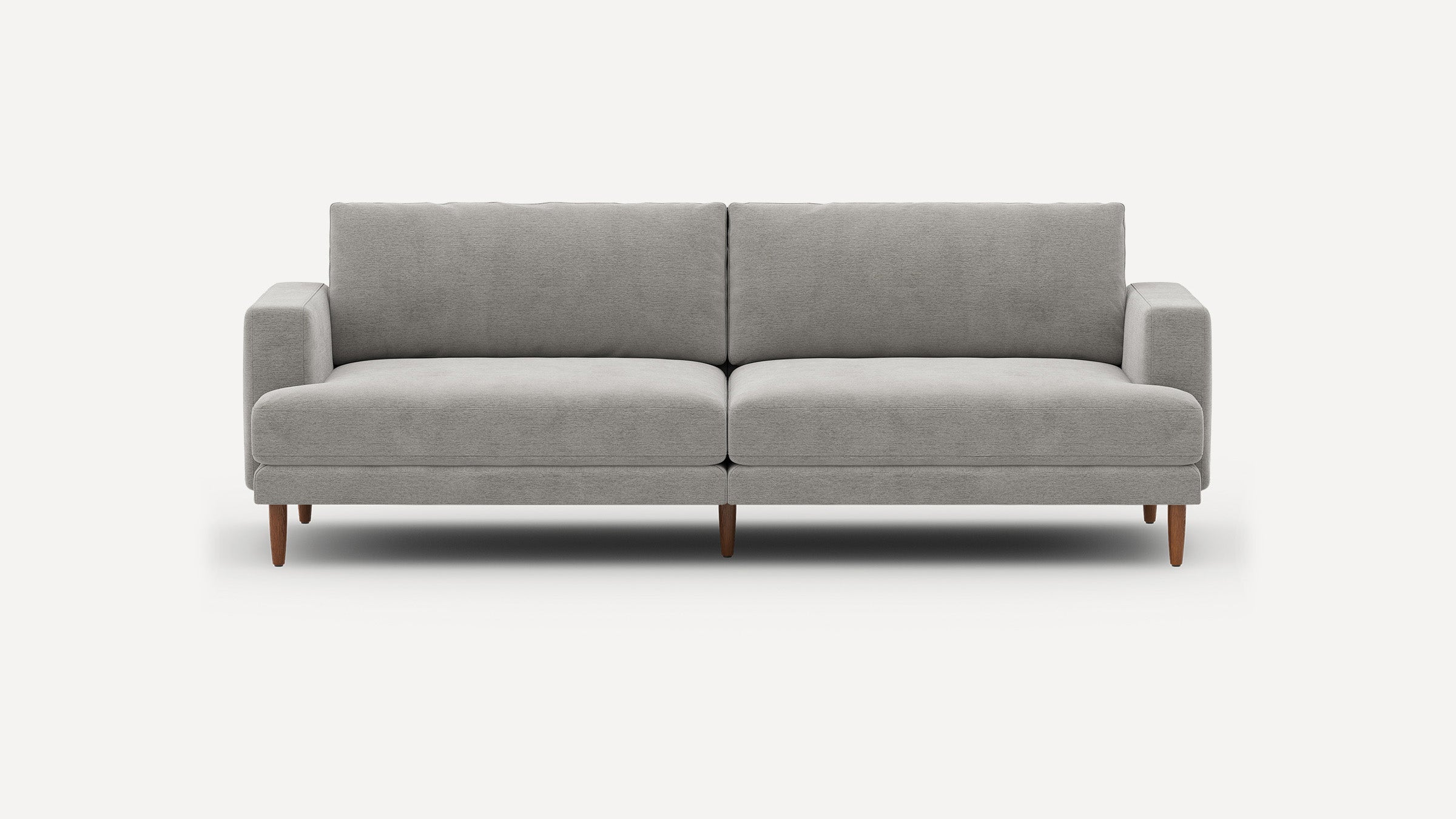 Modern light gray fabric sofa with clean lines, wooden tapered legs, and two seat cushions, shown on a white background.