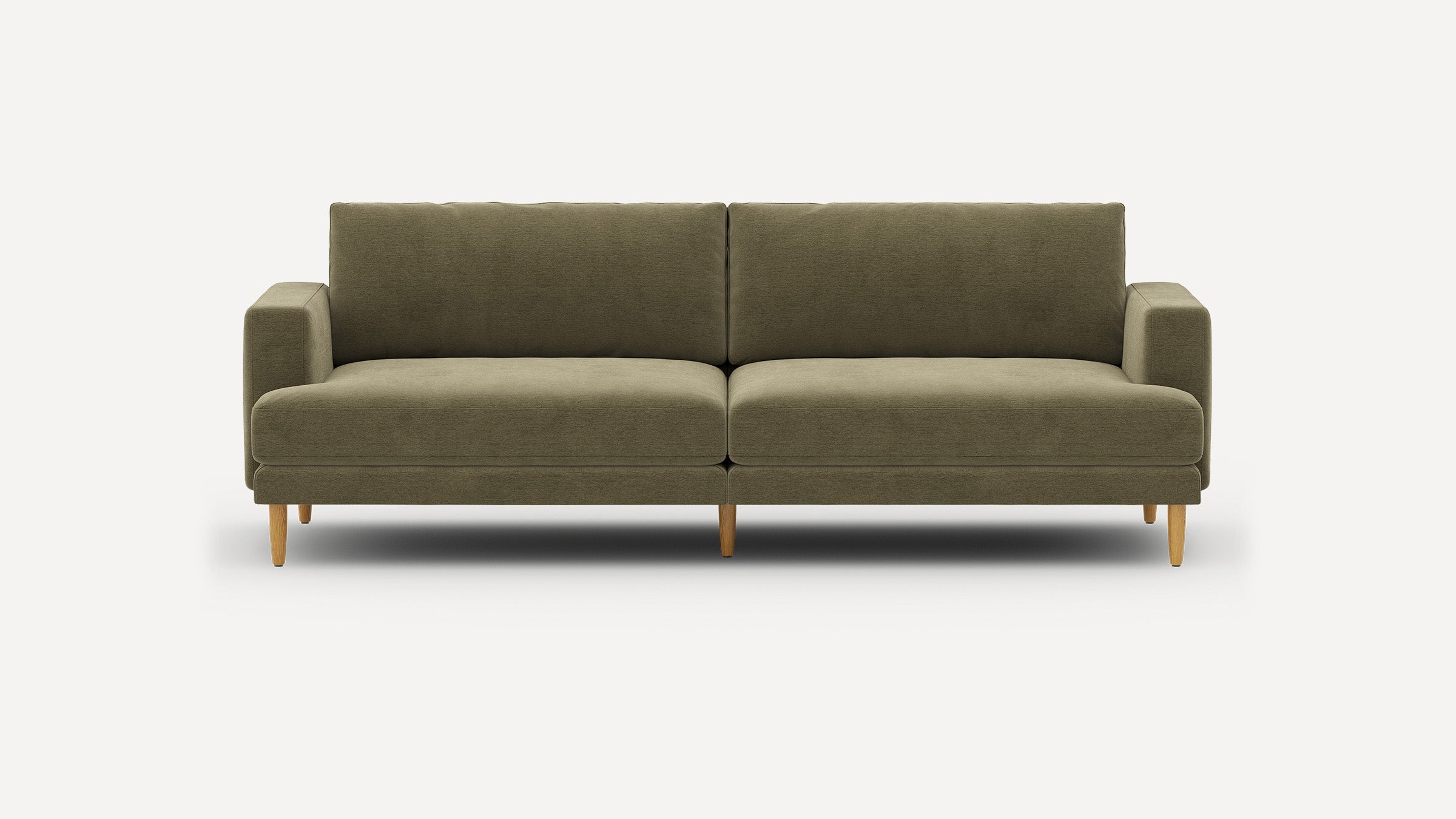 Modern olive green fabric sofa with clean lines, two seat cushions, wooden legs, and armrests on both sides.