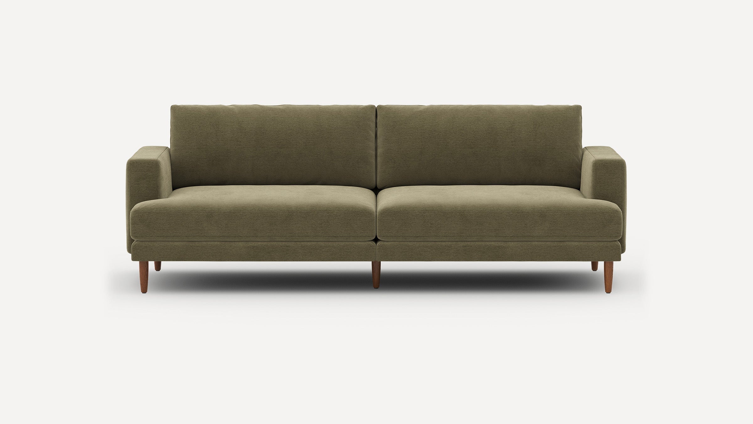 Olive green modern sofa with clean lines, square arms, wooden tapered legs, and a low-profile design.