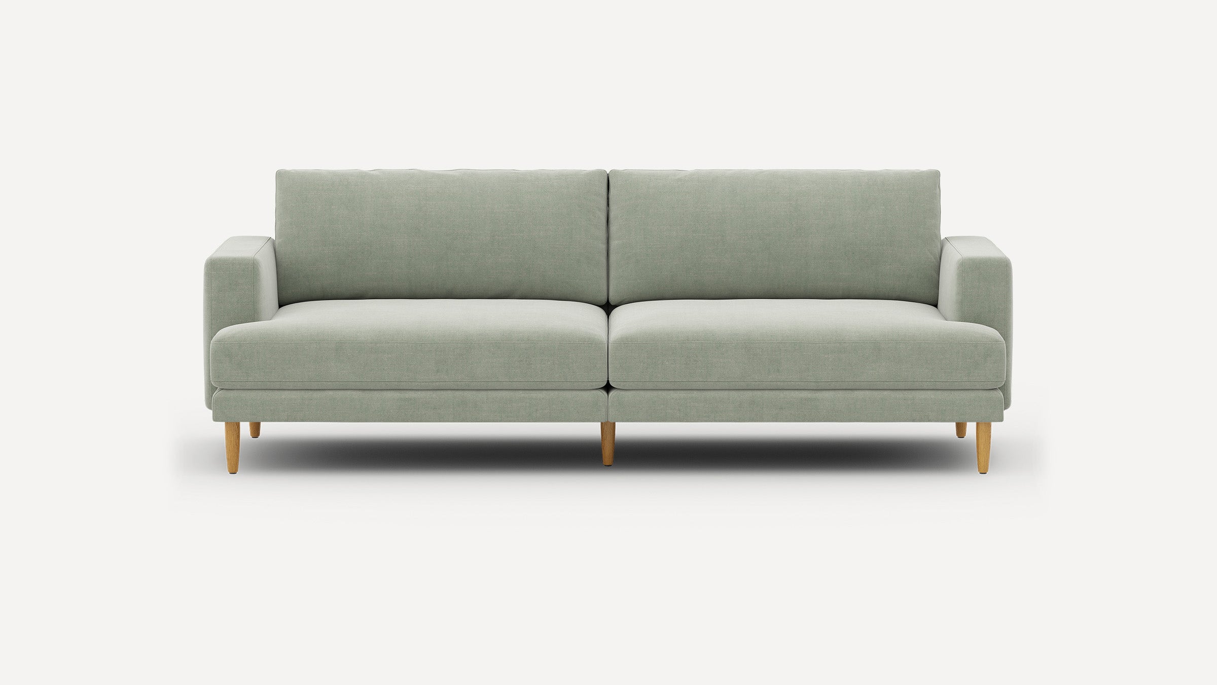 Modern light gray fabric sofa with wooden tapered legs, clean lines, and firm cushions, shown against white background.