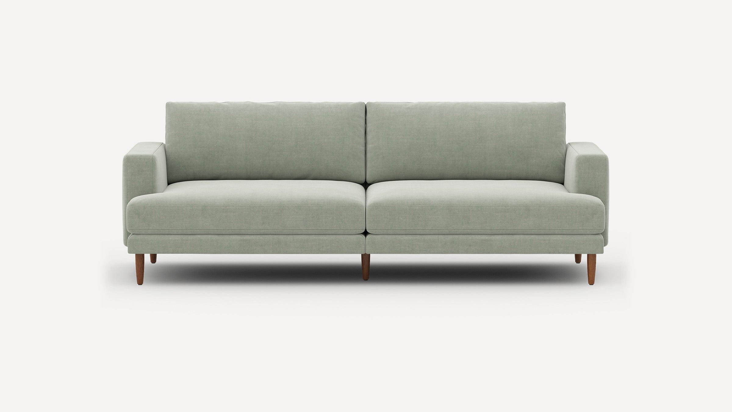 Modern light gray-green fabric sofa with clean lines, square arms, and wooden tapered legs, shown against a plain white background.