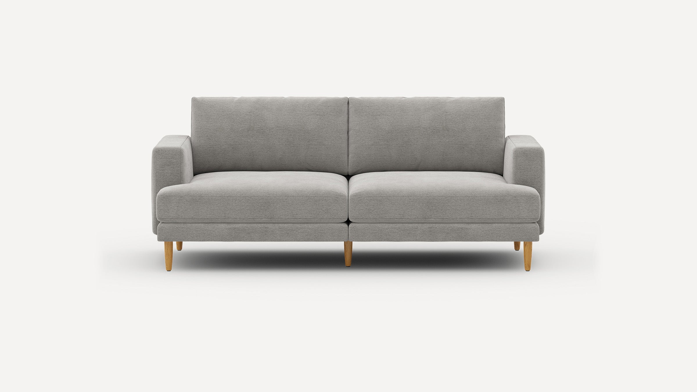 Modern light gray two-seater sofa with simple rectangular armrests and wooden legs, set against plain white background.
