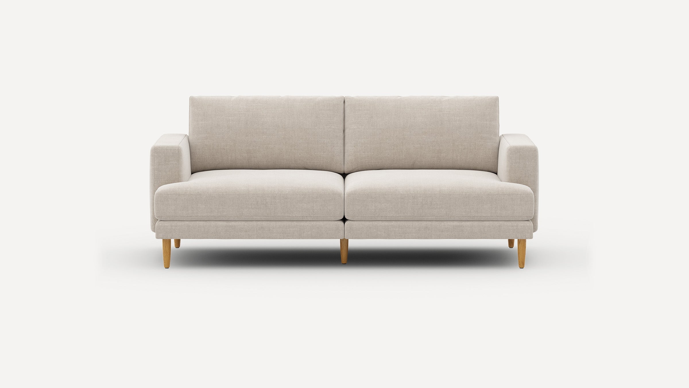 Modern two-seater sofa with light beige fabric upholstery, clean lines, square armrests, and wooden tapered legs on a plain background.