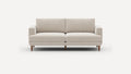 Beige modern two-seater sofa with clean lines, fabric upholstery, and wooden tapered legs against a plain white background.