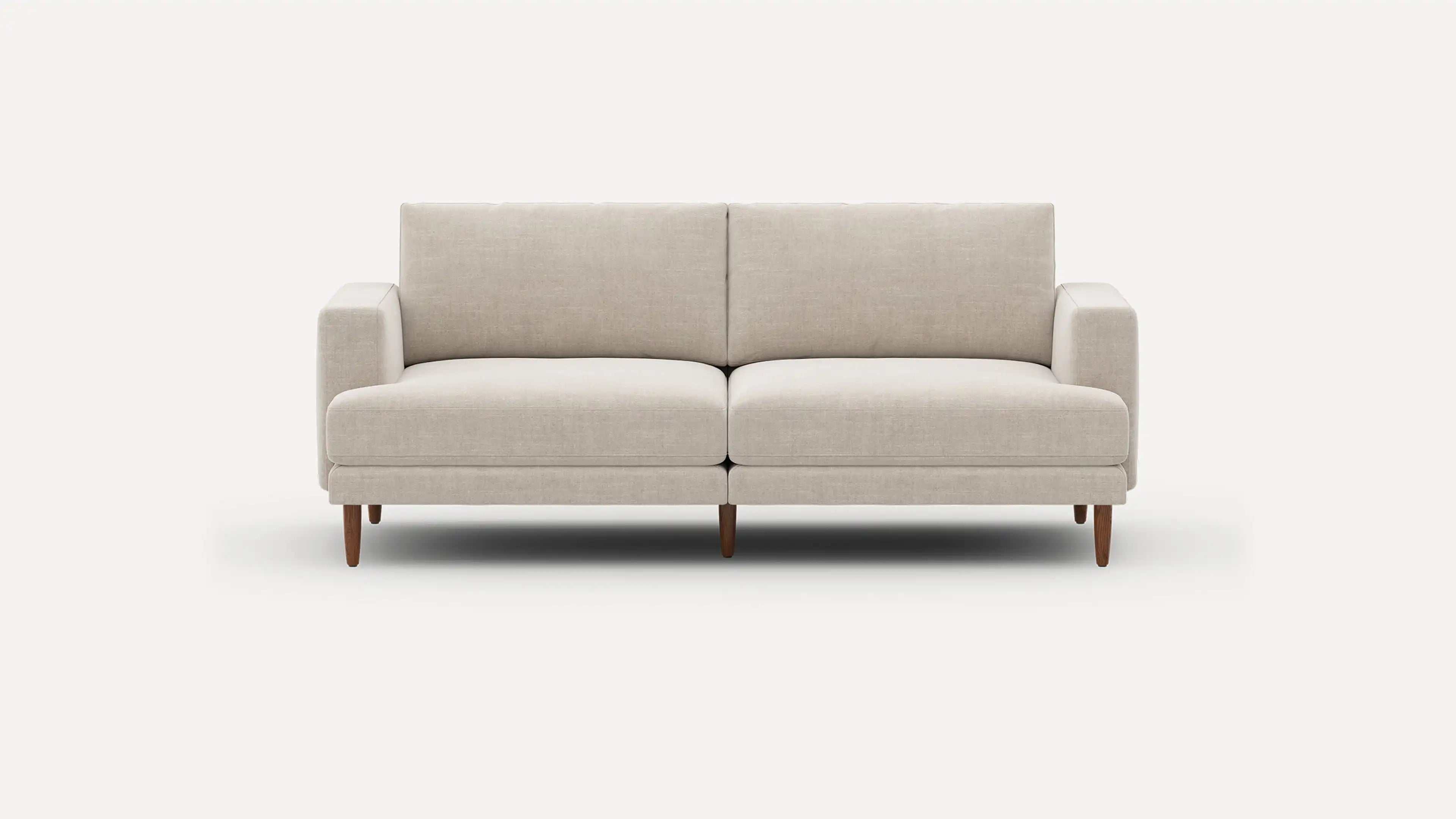 Beige modern two-seater sofa with clean lines, fabric upholstery, and wooden tapered legs against a plain white background.