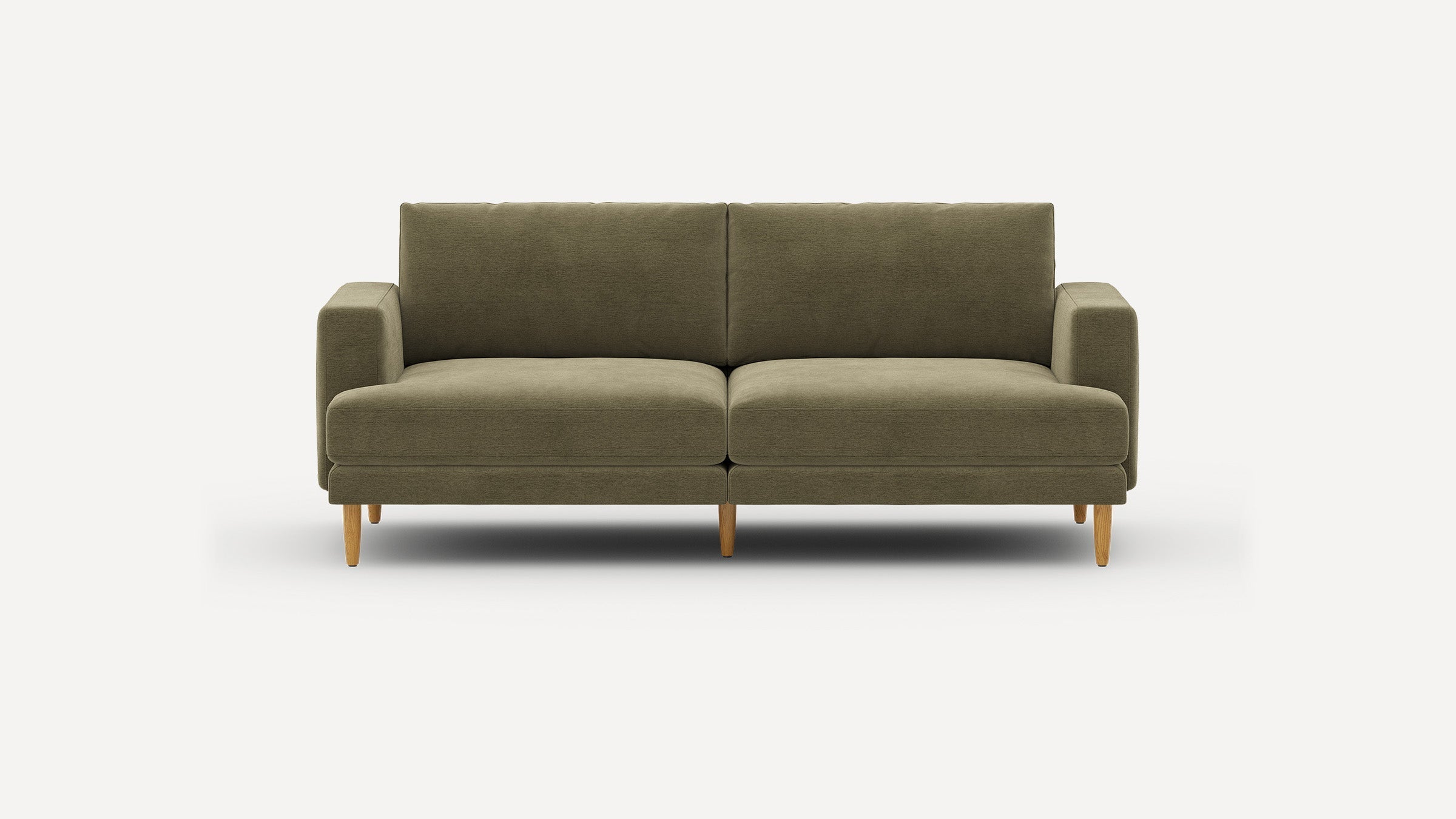 Modern olive green upholstered sofa with wooden tapered legs, straight arms, and a clean, minimalist design.