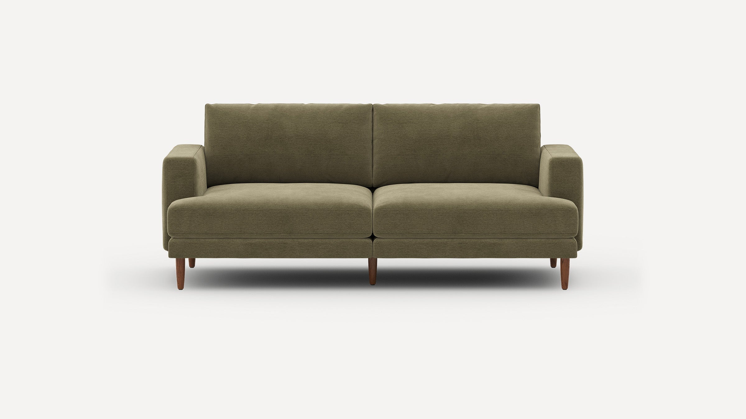 Modern olive green upholstered sofa with clean lines and wooden tapered legs, shown against a plain white background.