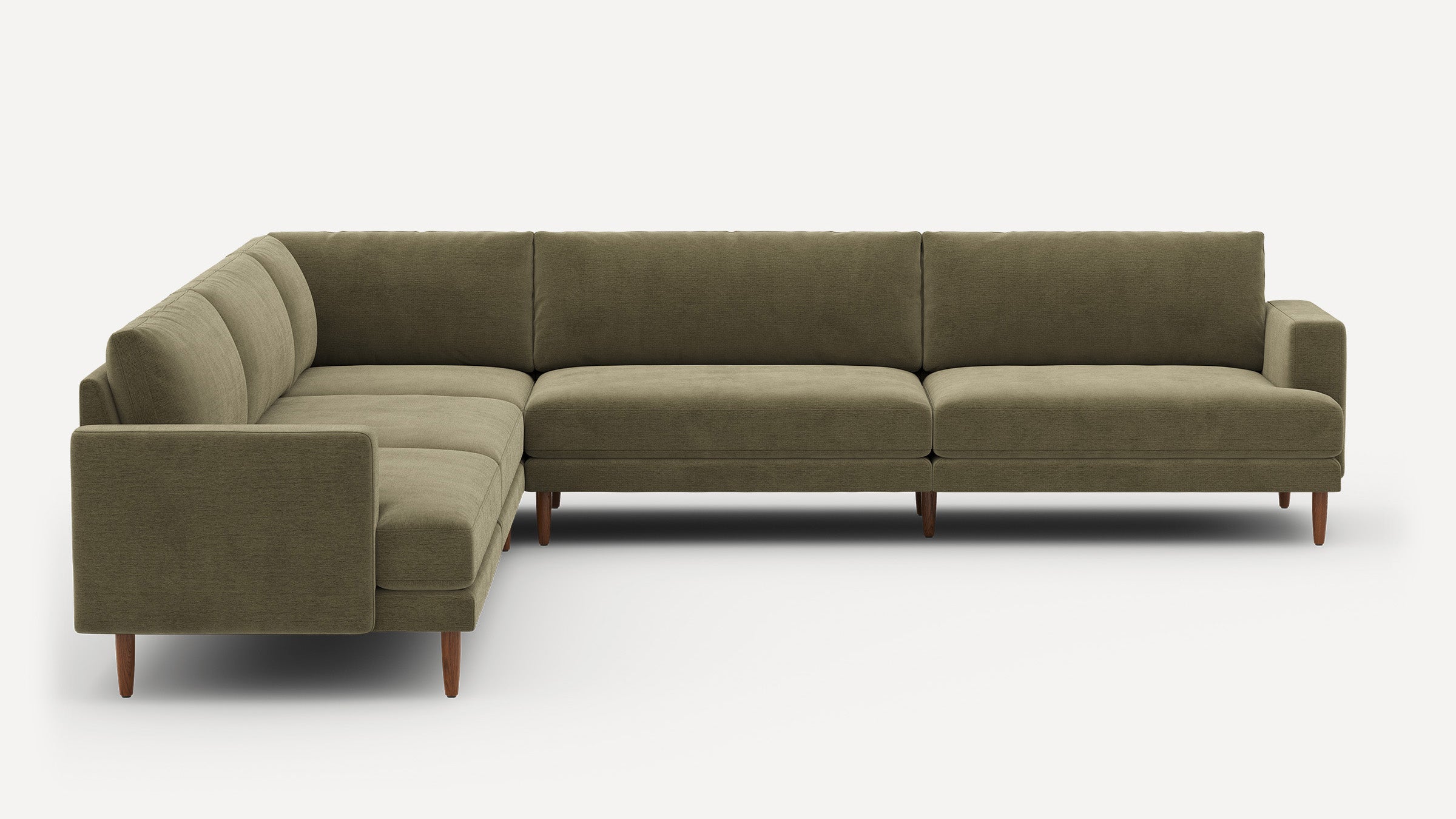 Olive green L-shaped sectional sofa with clean lines, tufted cushions, and wooden tapered legs on white background.