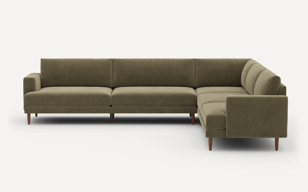 L-shaped sectional sofa in olive green fabric with clean lines and wooden tapered legs, designed for modern living spaces.