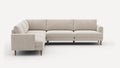 Light beige fabric L-shaped sectional sofa with clean lines and wooden tapered legs against white background.