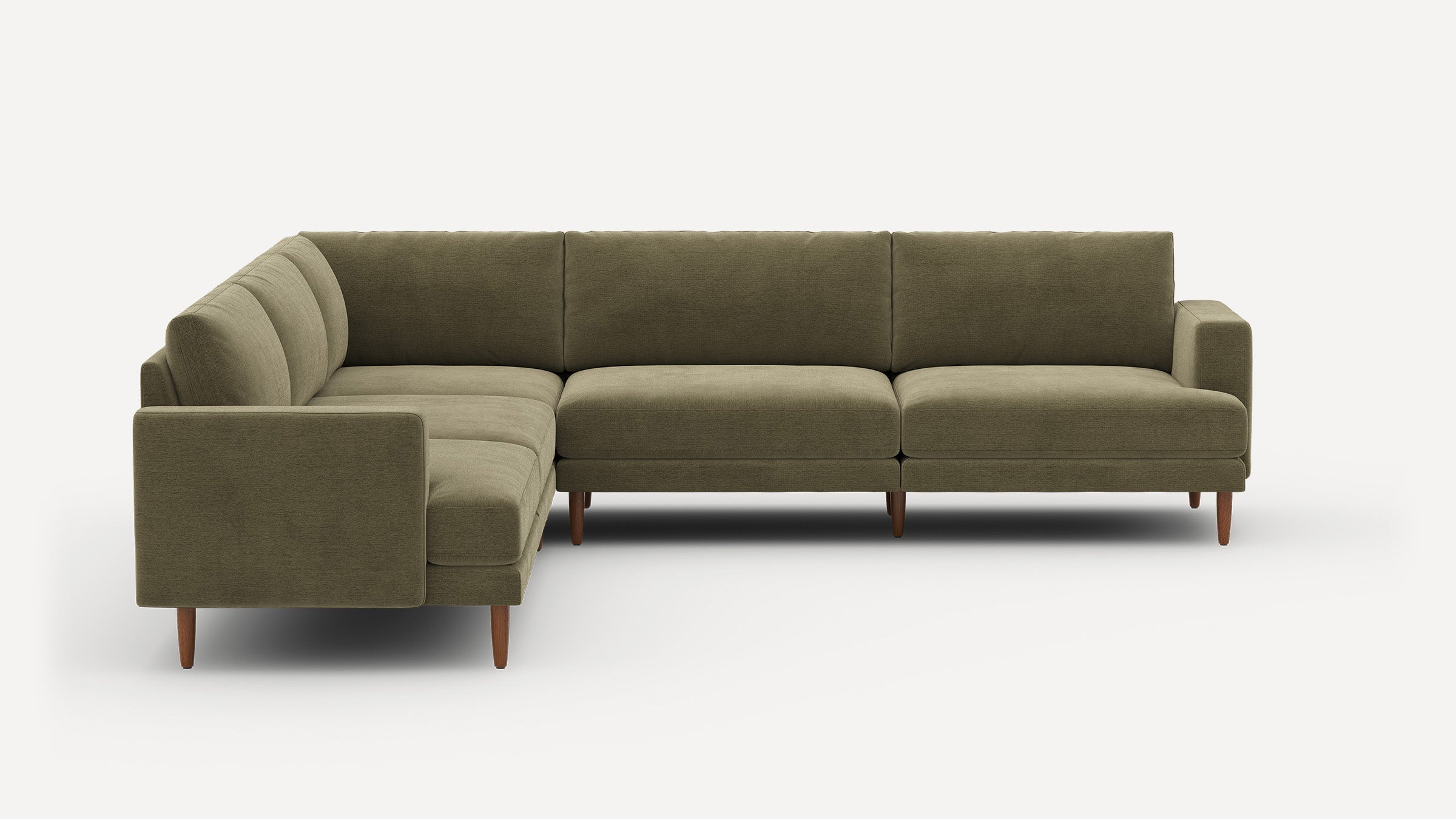 Modern L-shaped sectional sofa in olive green fabric with wooden legs and clean, minimalist design.