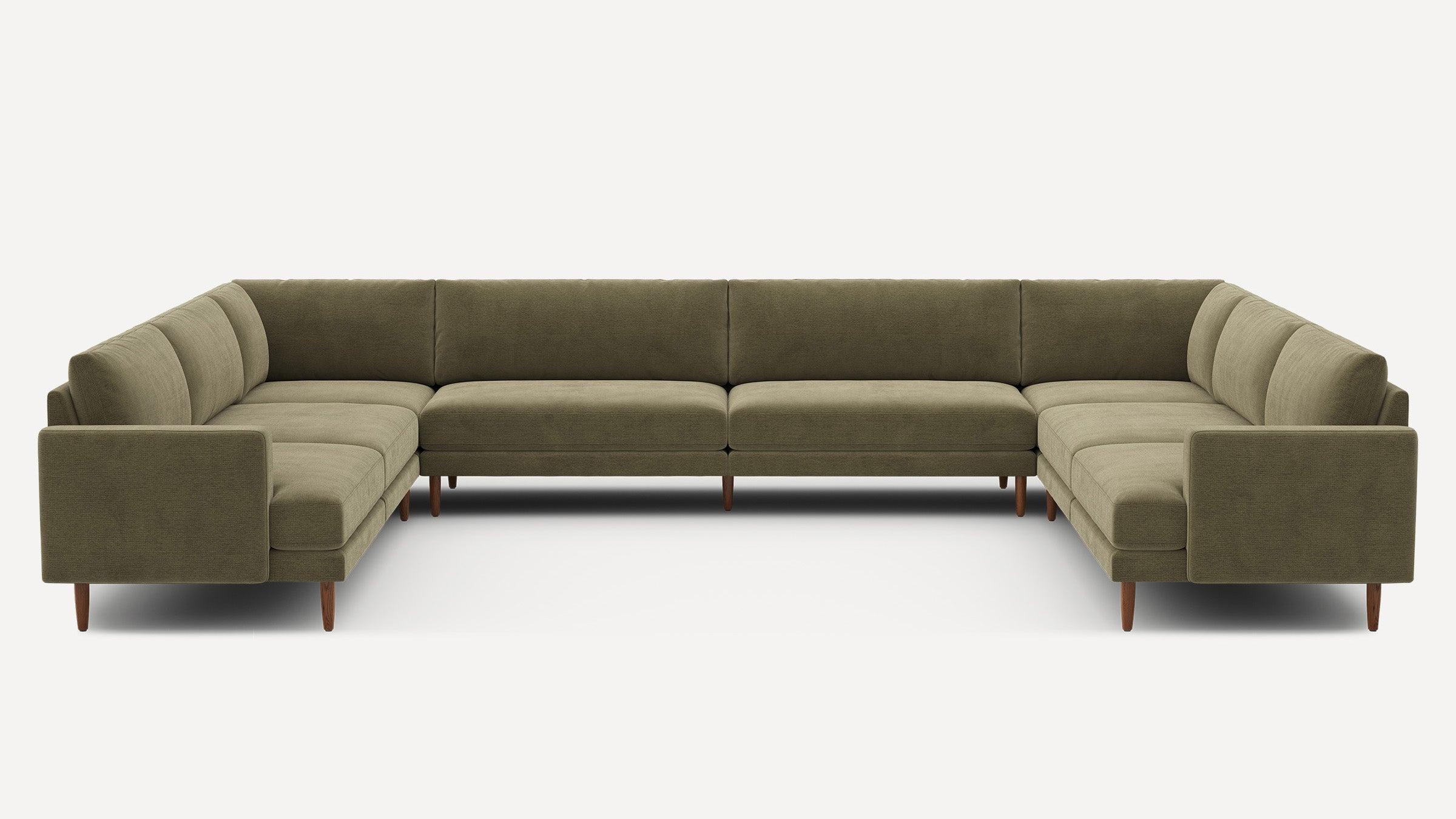 Large olive green U-shaped sectional sofa with clean lines, cushioned seats, backrests, and wooden tapered legs.