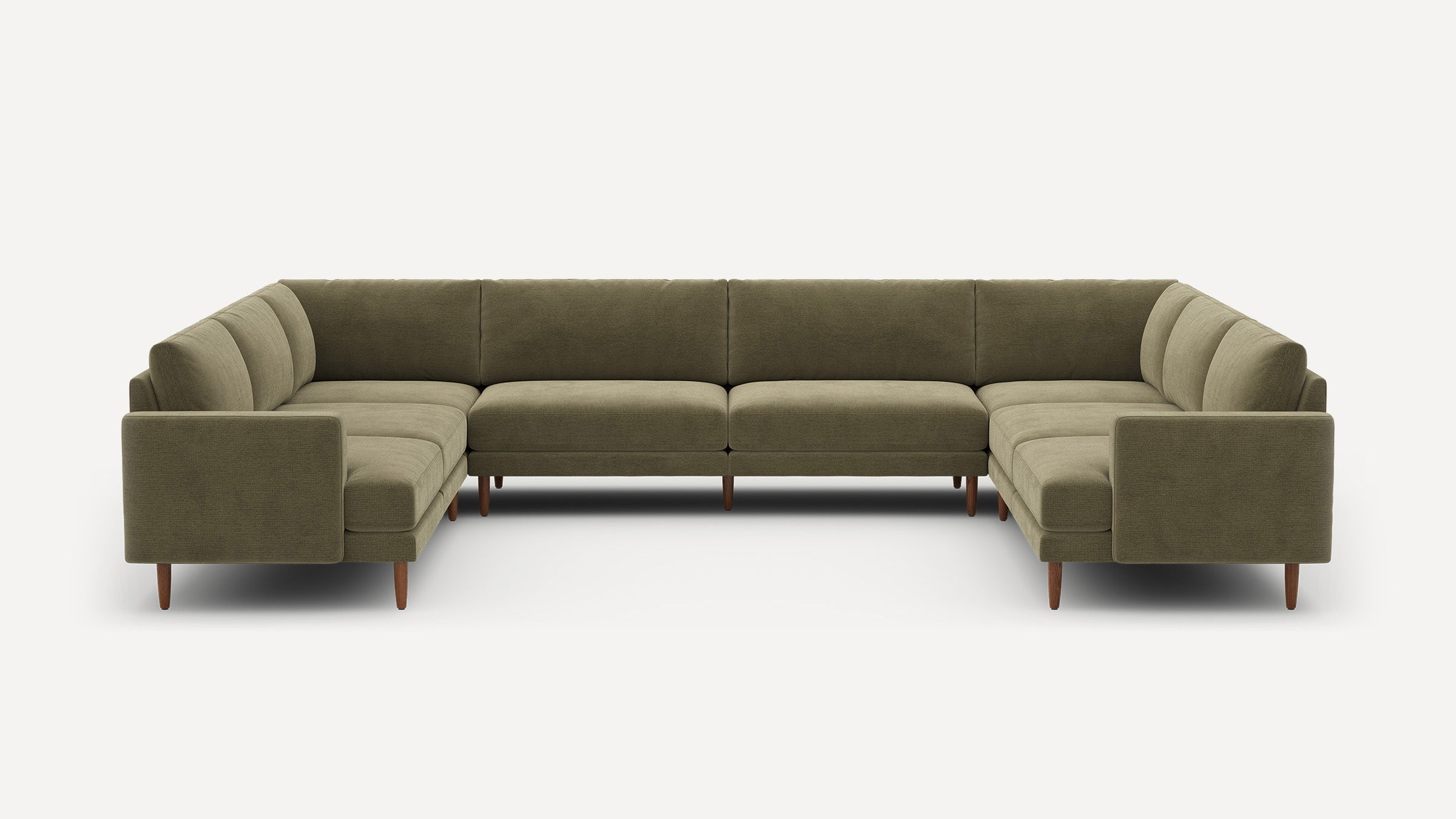 Large U-shaped sectional sofa with olive green fabric upholstery and wooden tapered legs, featuring clean modern lines and cushioned seats.